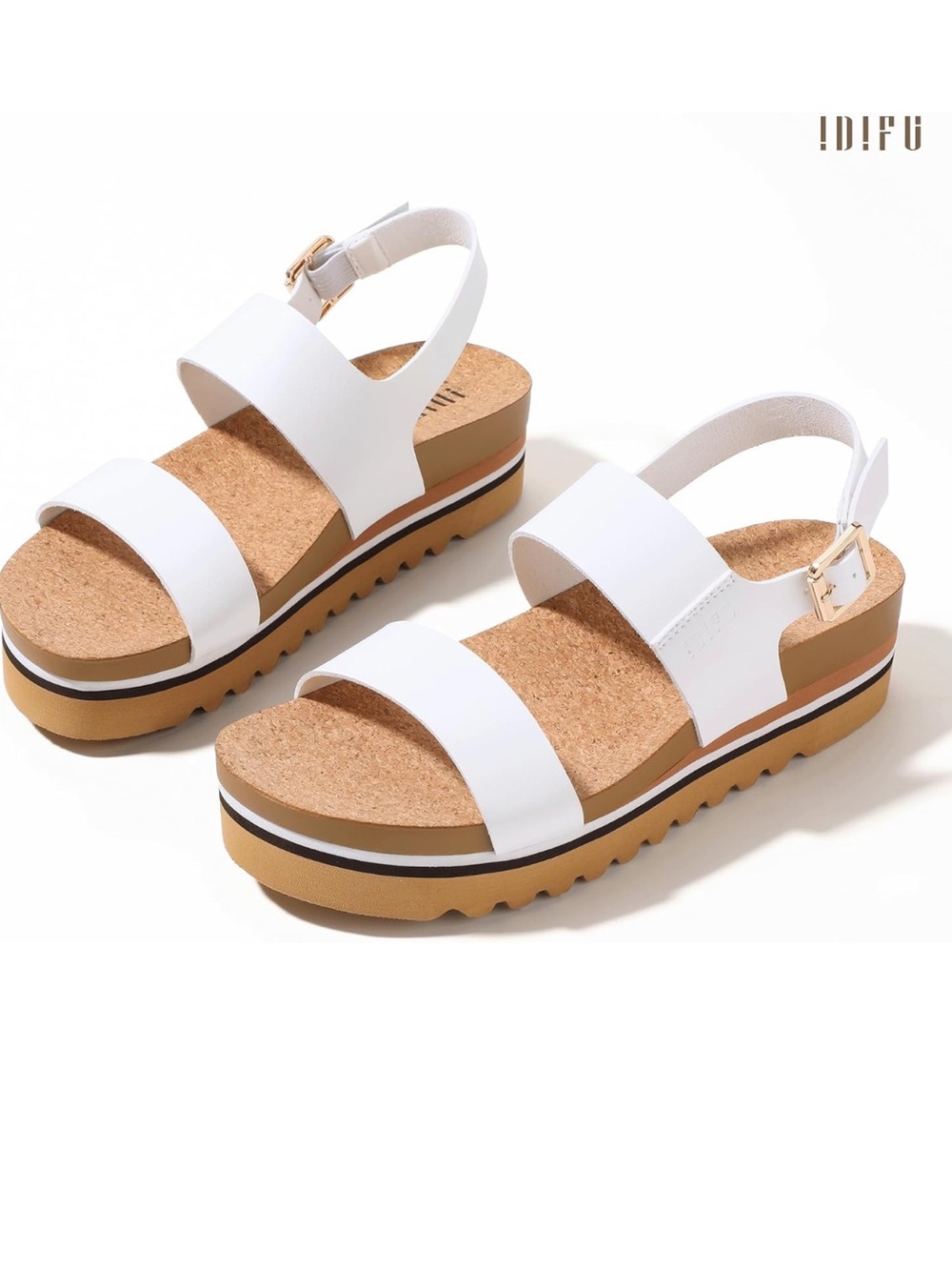 IDIFU White Cork-Style Platform Slingback Sandals